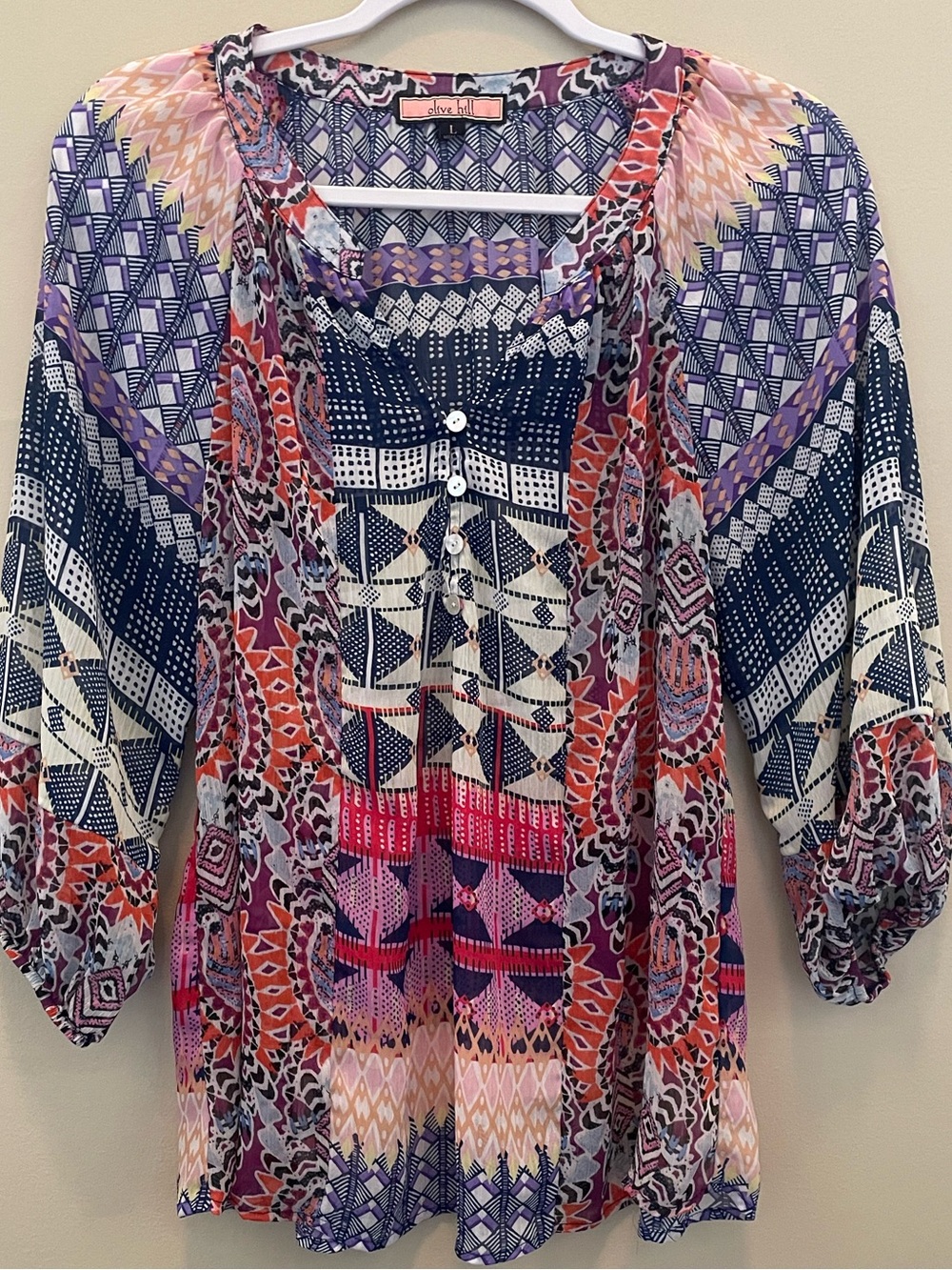 Boutique Olive Hill Mixed-Print Boho Festival Tunic Top Size L